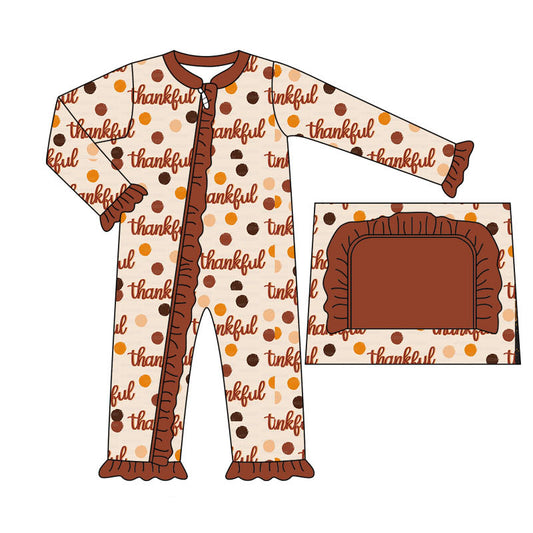 (Pre-order)LR1591 Thankful Brown Dots Print Baby Girls Thanksgiving Sleeper Zipper Romper