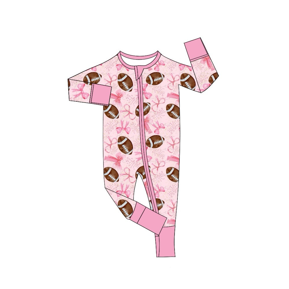 (Pre-order)LR1595 Football Pink Bows Print Baby Girls Fall Sleeper Zipper Romper