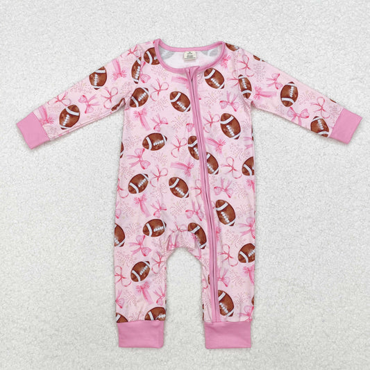 LR1595 Football Pink Bows Print Baby Girls Bamboo Sleeper Zipper Romper