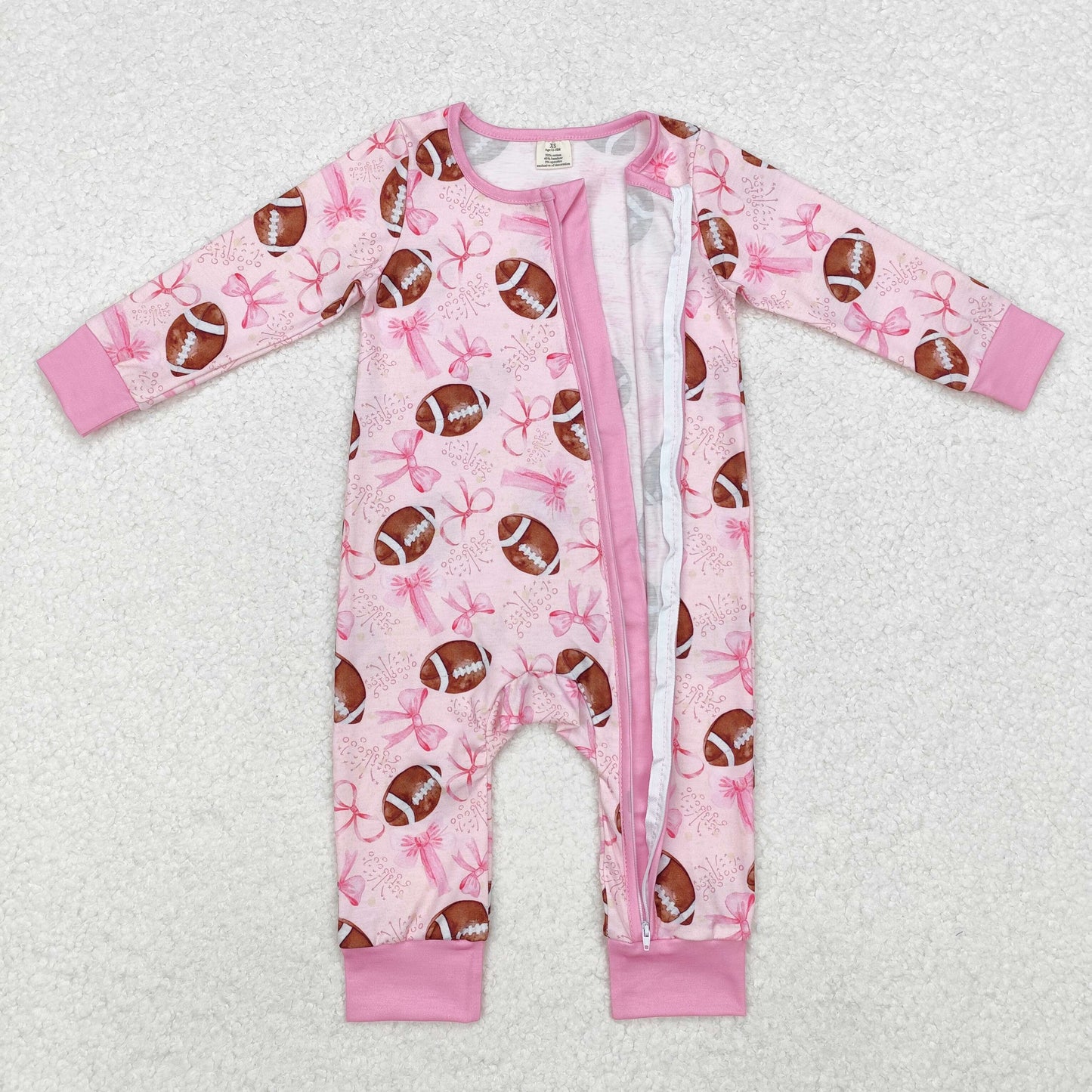 LR1595 Football Pink Bows Print Baby Girls Bamboo Sleeper Zipper Romper