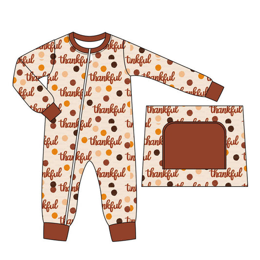 (Pre-order)LR1596 Thankful Brown Dots Print Baby Boys Thanksgiving Sleeper Zipper Romper