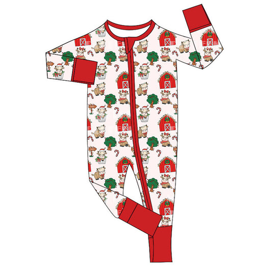 (Pre-order)LR1598 Cows Farm Print Baby Christmas Sleeper Zipper Romper