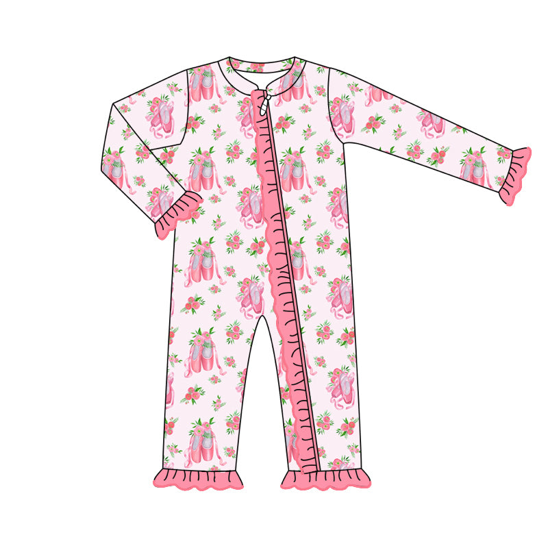 (Pre-order)LR1601 Dancing Shoes Flowers Print Baby Girls Fall Sleeper Zipper Romper