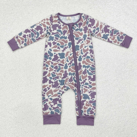 LR1604 Purple Camo Print Baby Fall Bamboo Sleeper Zipper Romper