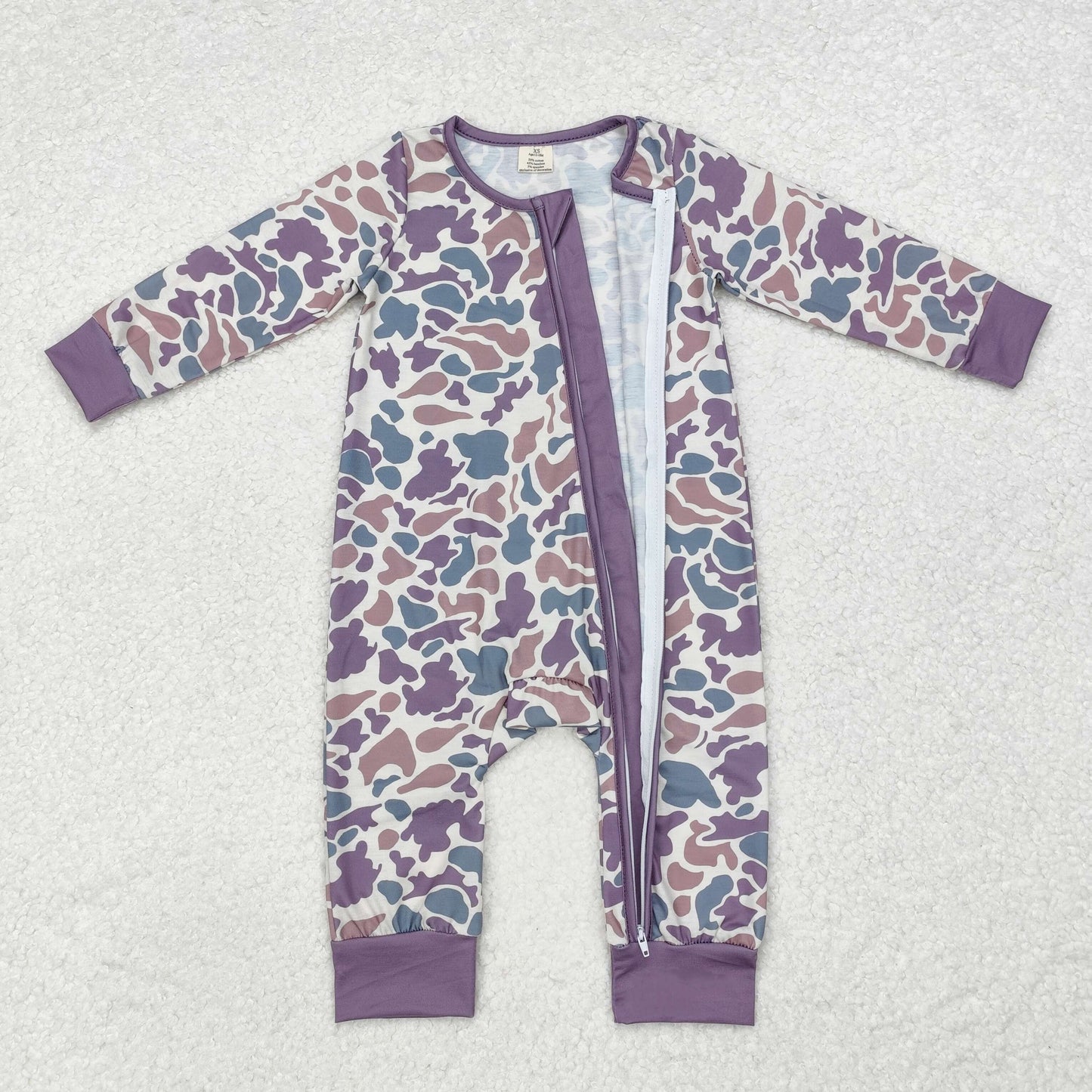 LR1604 Purple Camo Print Baby Fall Bamboo Sleeper Zipper Romper