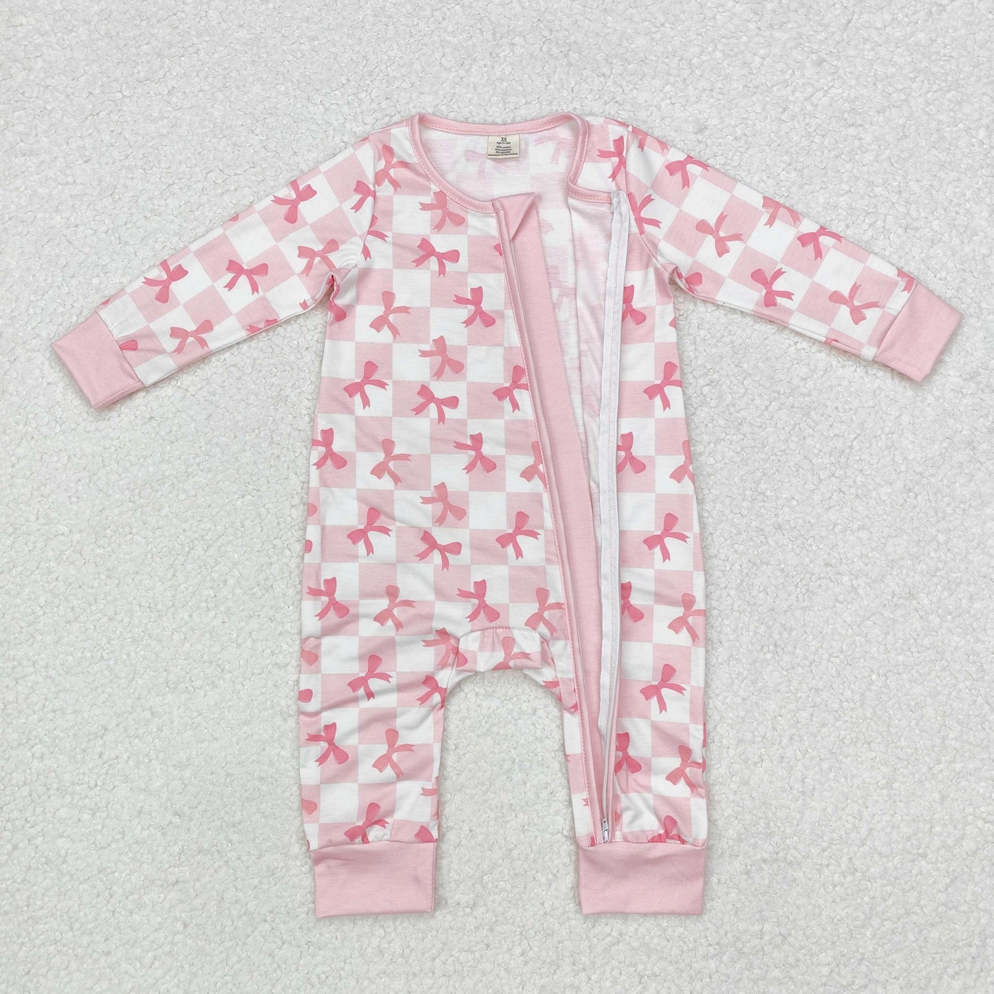 LR1607 Pink Plaid Bows Print Baby Girls Bamboo Sleeper Zipper Romper