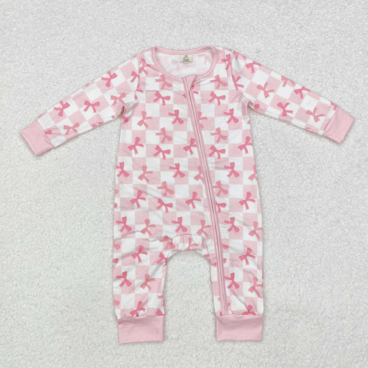 LR1607 Pink Plaid Bows Print Baby Girls Bamboo Sleeper Zipper Romper