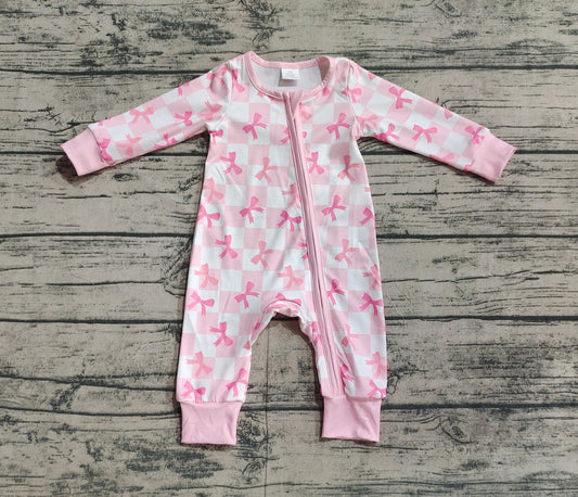 (Pre-order)LR1607 Pink Plaid Bows Print Baby Girls Fall Sleeper Zipper Romper