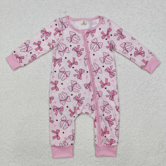 LR1608 Pink Bows Heart Print Baby Girls Valentine's Day Bamboo Sleeper Zipper Romper