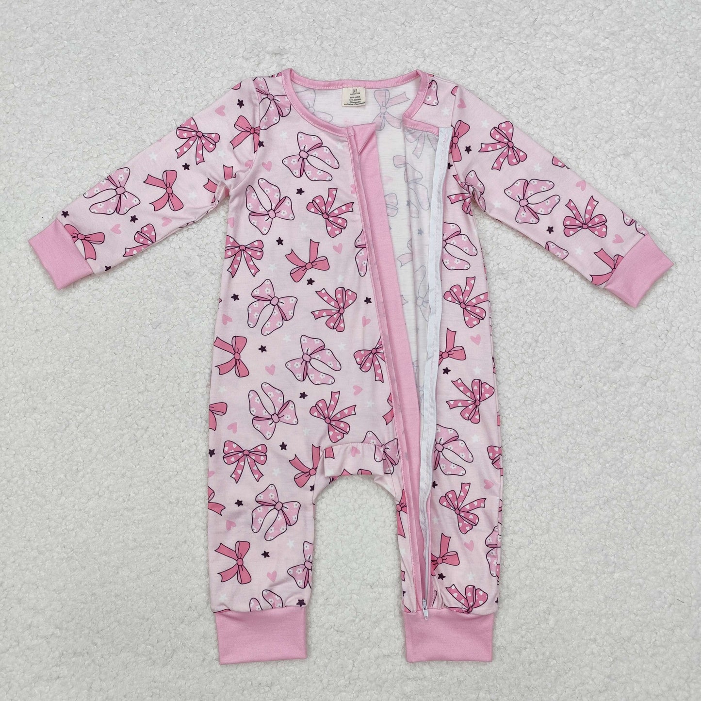 LR1608 Pink Bows Heart Print Baby Girls Valentine's Day Bamboo Sleeper Zipper Romper