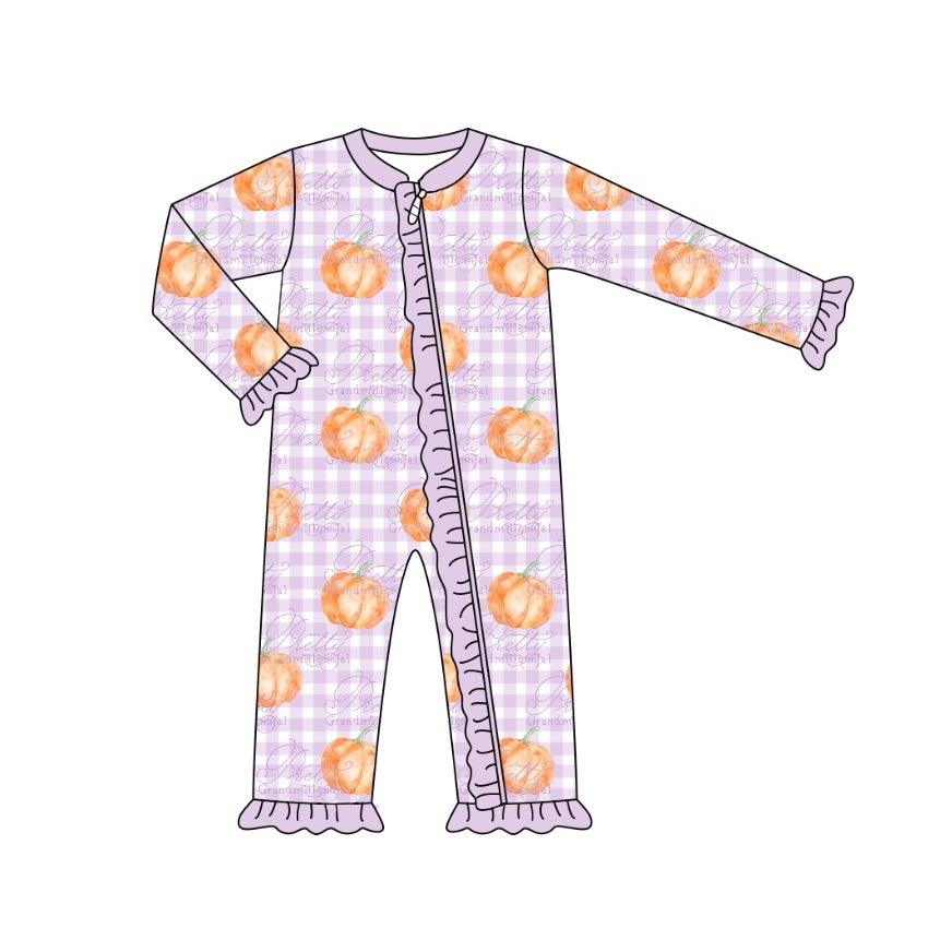 (Pre-order)LR1610 Pumpkin Plaid Print Baby Girls Fall Sleeper Zipper Romper