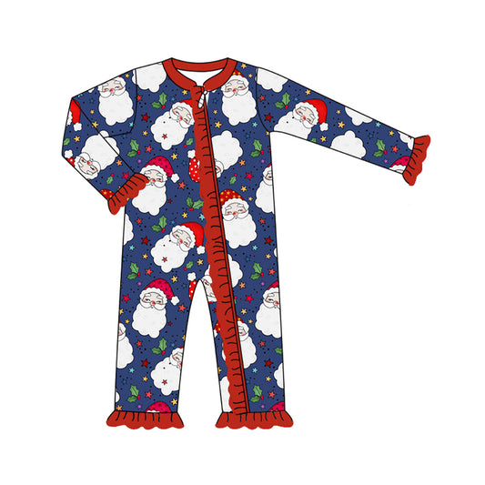 (Pre-order)LR1611 Santa Holly Print Baby Girls Christmas Sleeper Zipper Romper