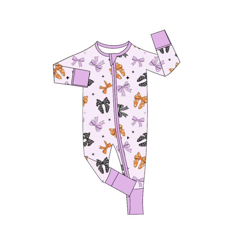 (Pre-order)LR1615 Purple Black Orange Bows Print Baby Girls Fall Sleeper Zipper Romper