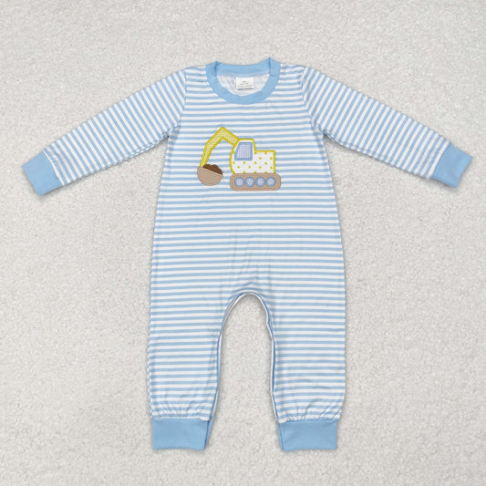 LR1617 Construction Trucks Embroidery Stripes Print Baby Boys Fall Romper