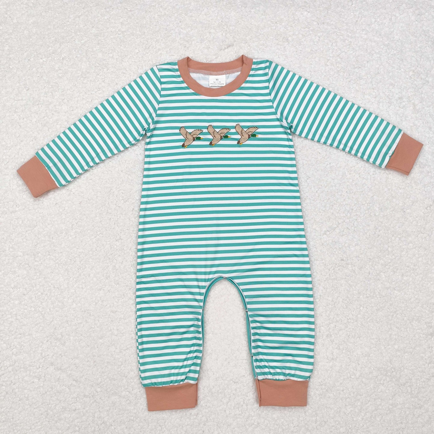 LR1618 Duck Embroidery Green Stripes Print Baby Boys Fall Romper