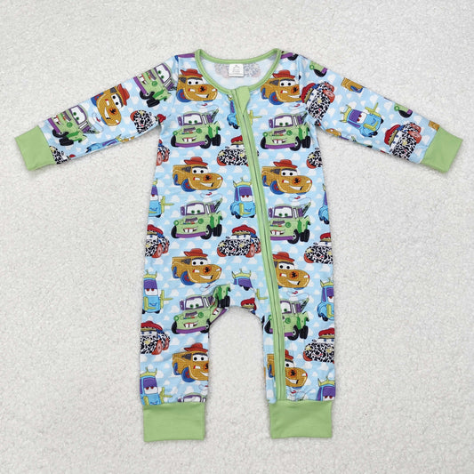 LR1622 Cartoon Cars Print Baby Boys Fall Bamboo Sleeper Zipper Romper