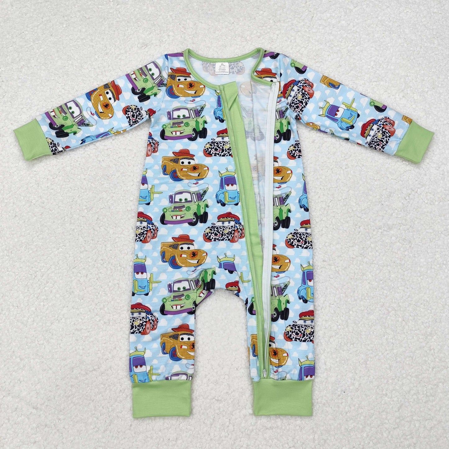 LR1622 Cartoon Cars Print Baby Boys Fall Bamboo Sleeper Zipper Romper