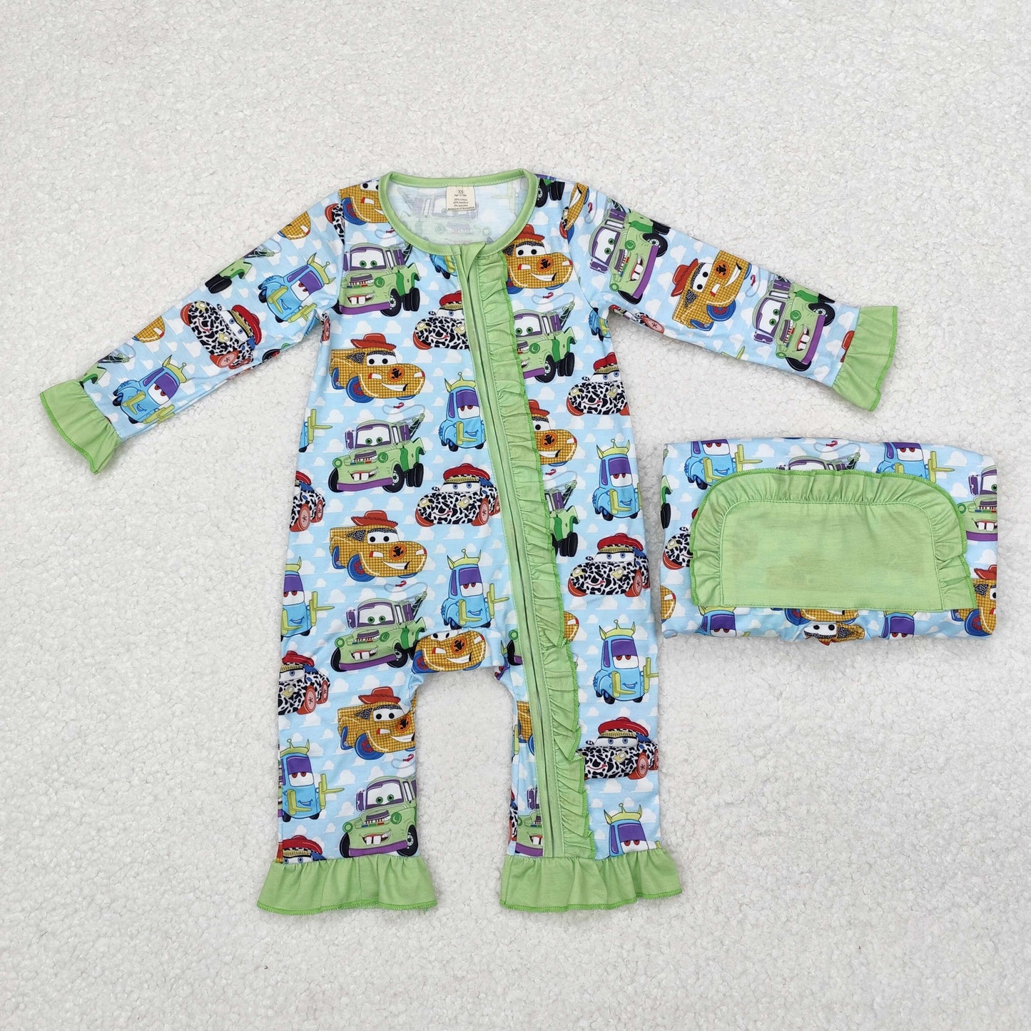 LR1623 Cartoon Cars Print Baby Girls Fall Bamboo Sleeper Zipper Romper