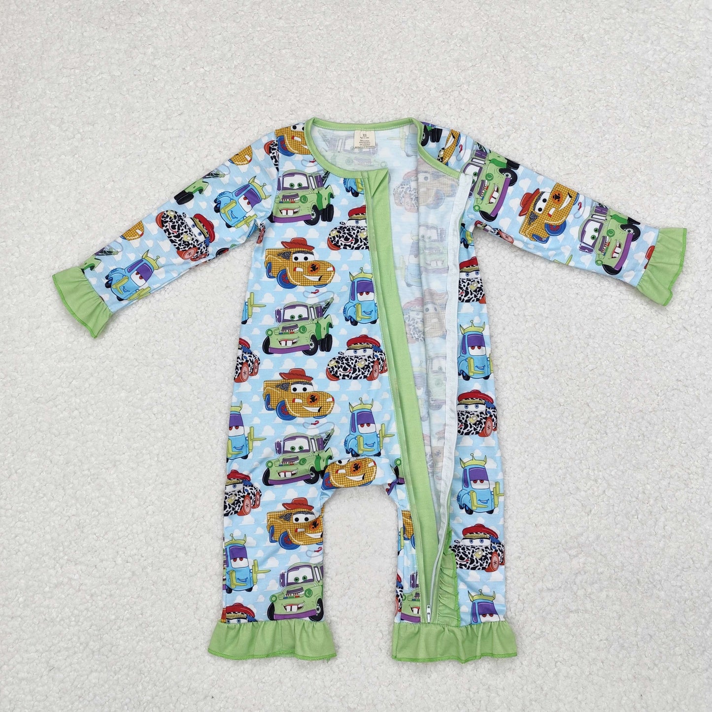 LR1623 Cartoon Cars Print Baby Girls Fall Bamboo Sleeper Zipper Romper