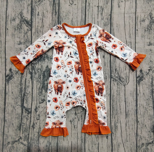 (Pre-order)LR1624 Highland Cow Flowers Print Baby Girls Fall Sleeper Zipper Romper