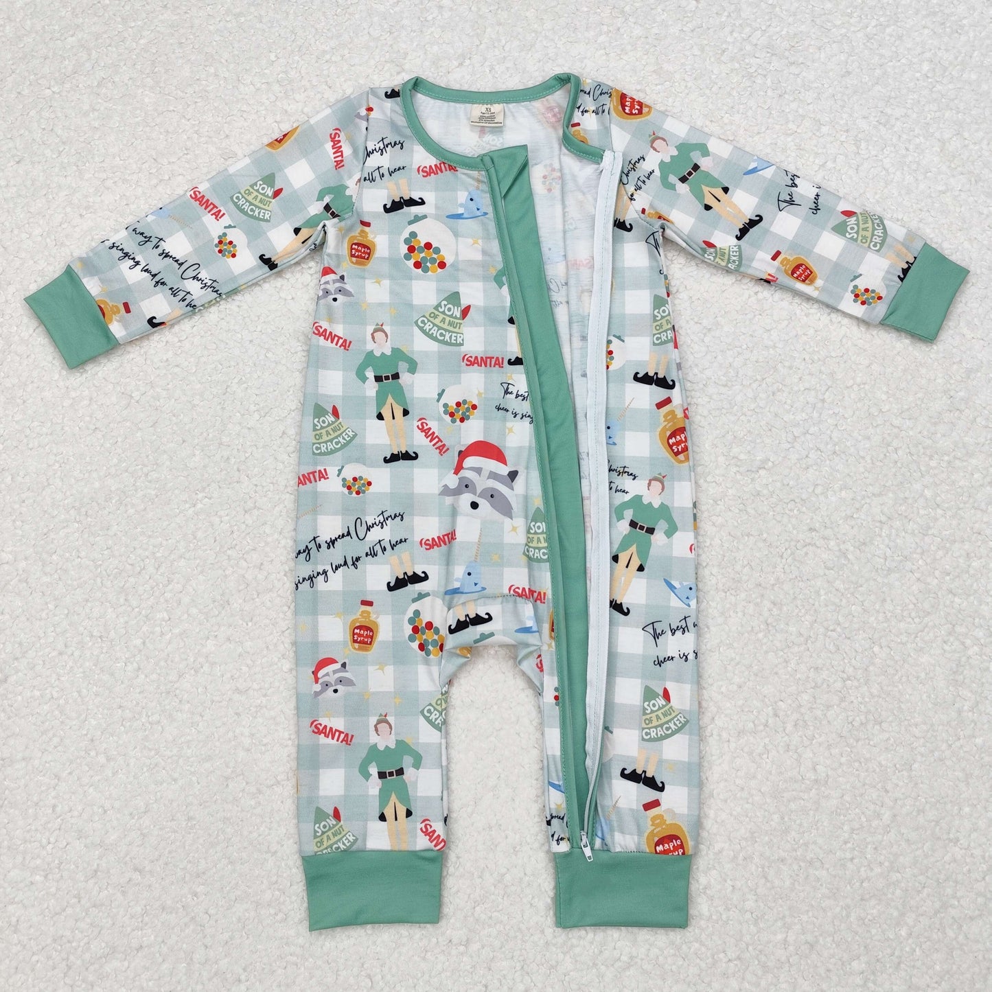 LR1641 Christmas Shelf Green Plaid Print Baby Boys Christmas Bamboo Sleeper Zipper Romper