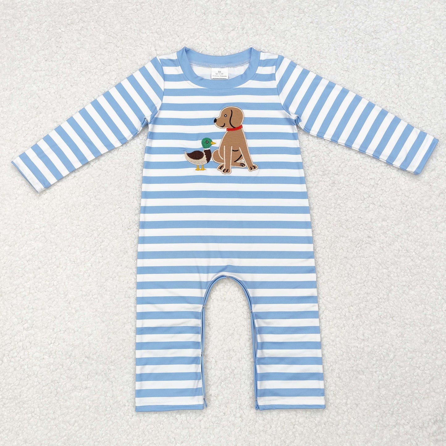 LR1644 Dog Duck Embroidery Blue Stripes Print Baby Boys Fall Romper