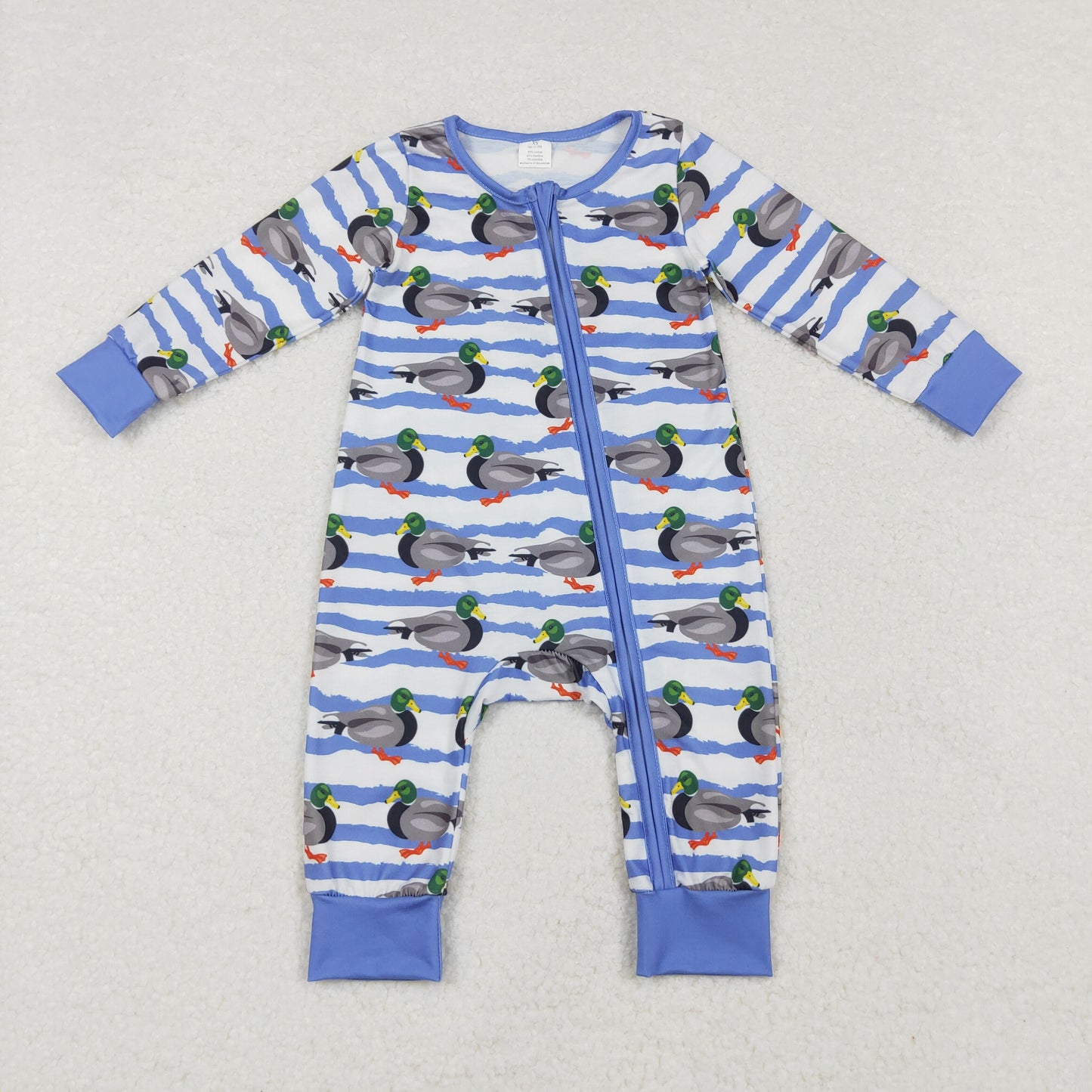 LR1645 Duck Blue Stripes Print Baby Boys Fall Bamboo Sleeper Zipper Romper