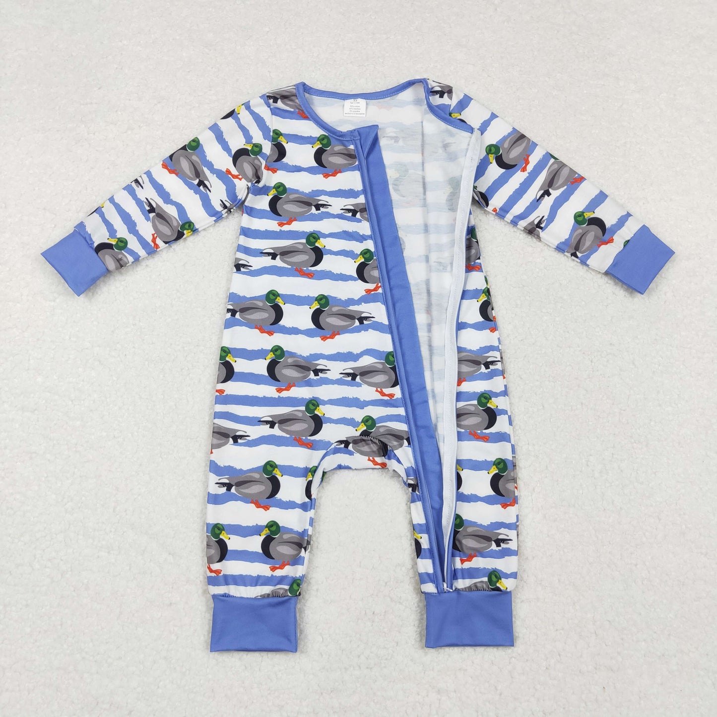 LR1645 Duck Blue Stripes Print Baby Boys Fall Bamboo Sleeper Zipper Romper