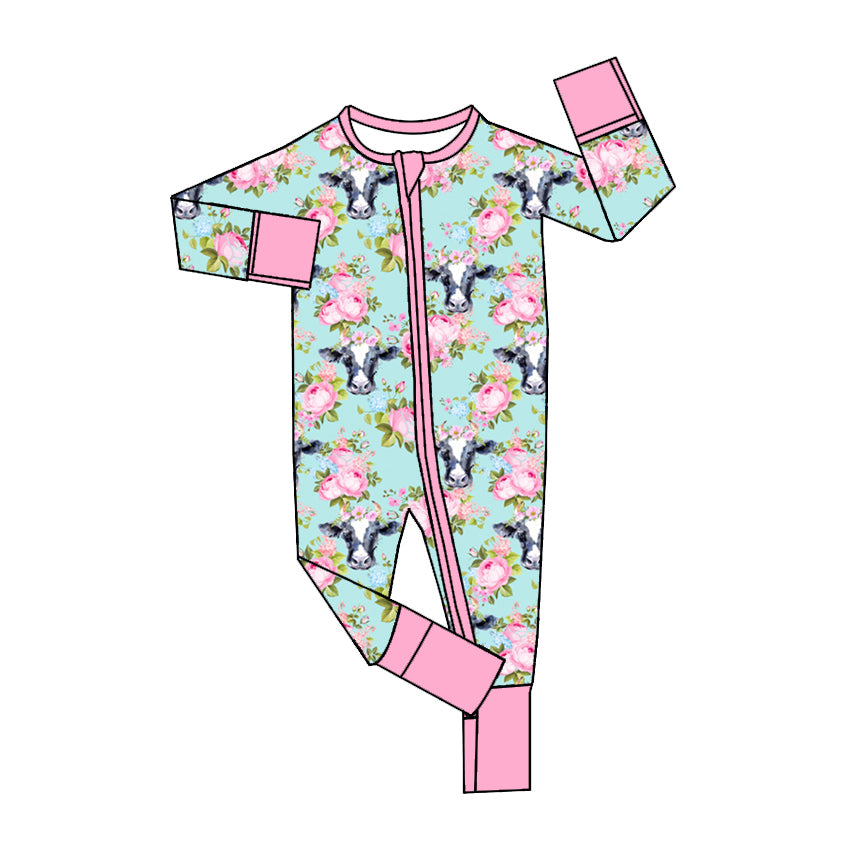 (Pre-order)LR1647 Cows Flowers Print Baby Girls Fall Sleeper Zipper Romper