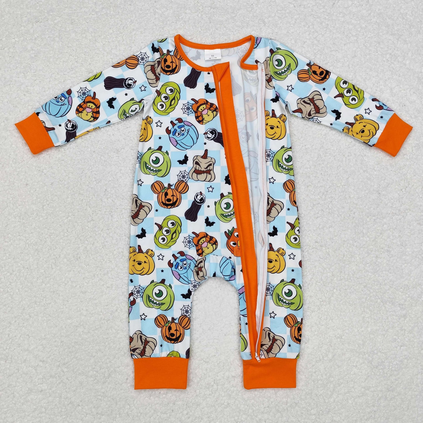 LR1650 Cartoon Figure Pumpkin Print Baby Halloween Sleeper Zipper Romper