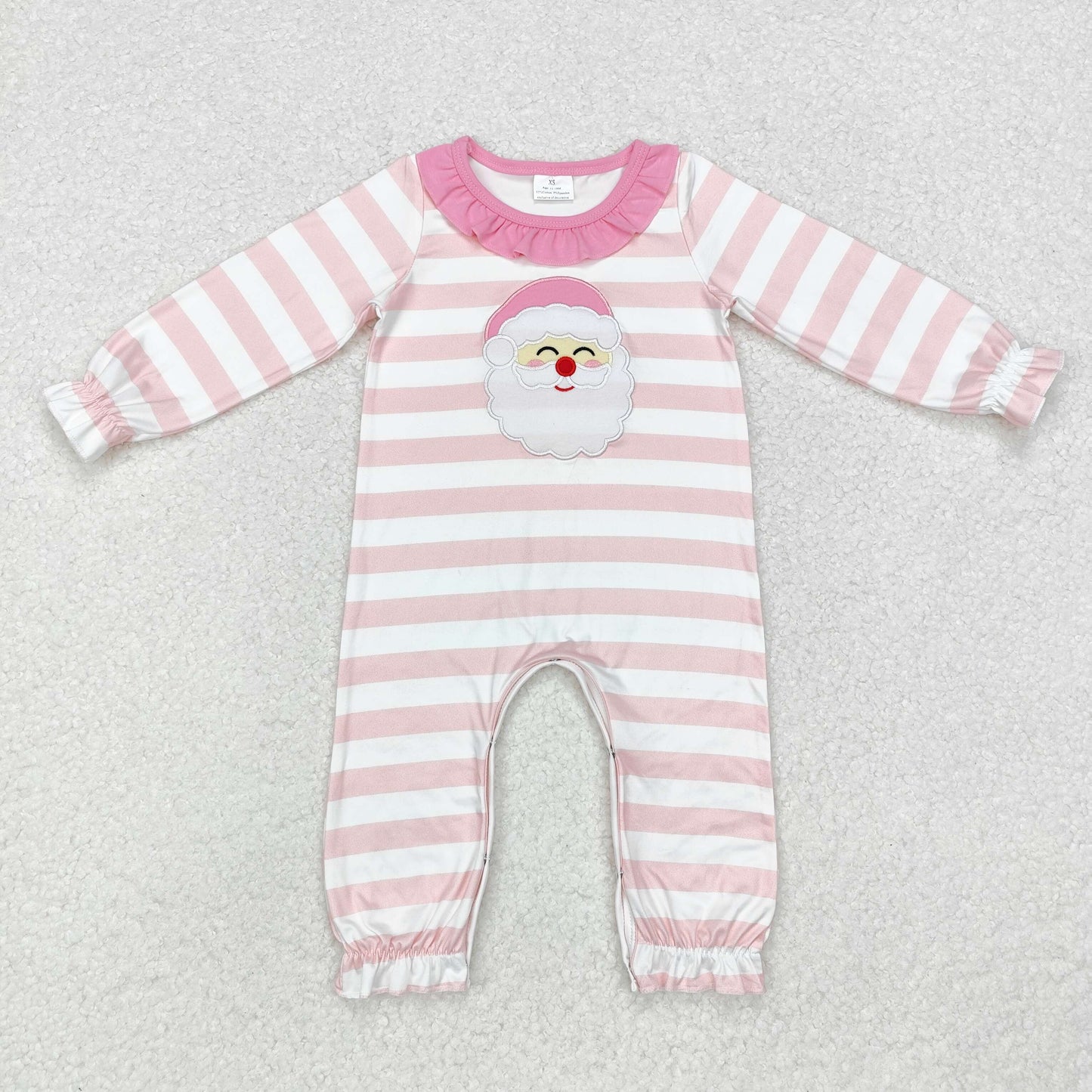 LR1662 Santa Embroidery Pink Stripes Print Baby Girls Christmas Romper