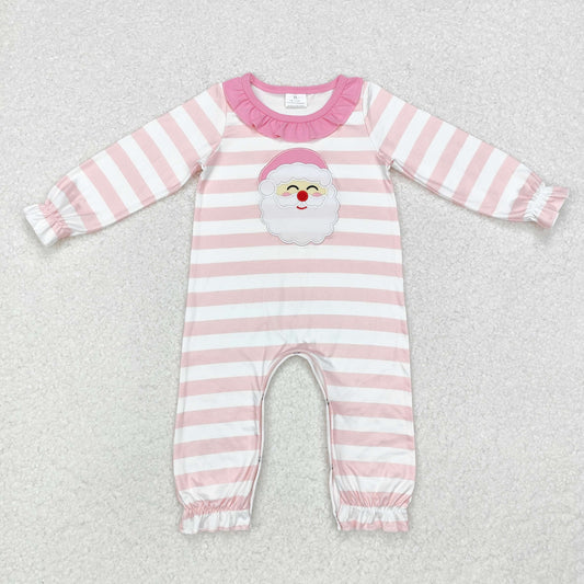 LR1662 Santa Embroidery Pink Stripes Print Baby Girls Christmas Romper