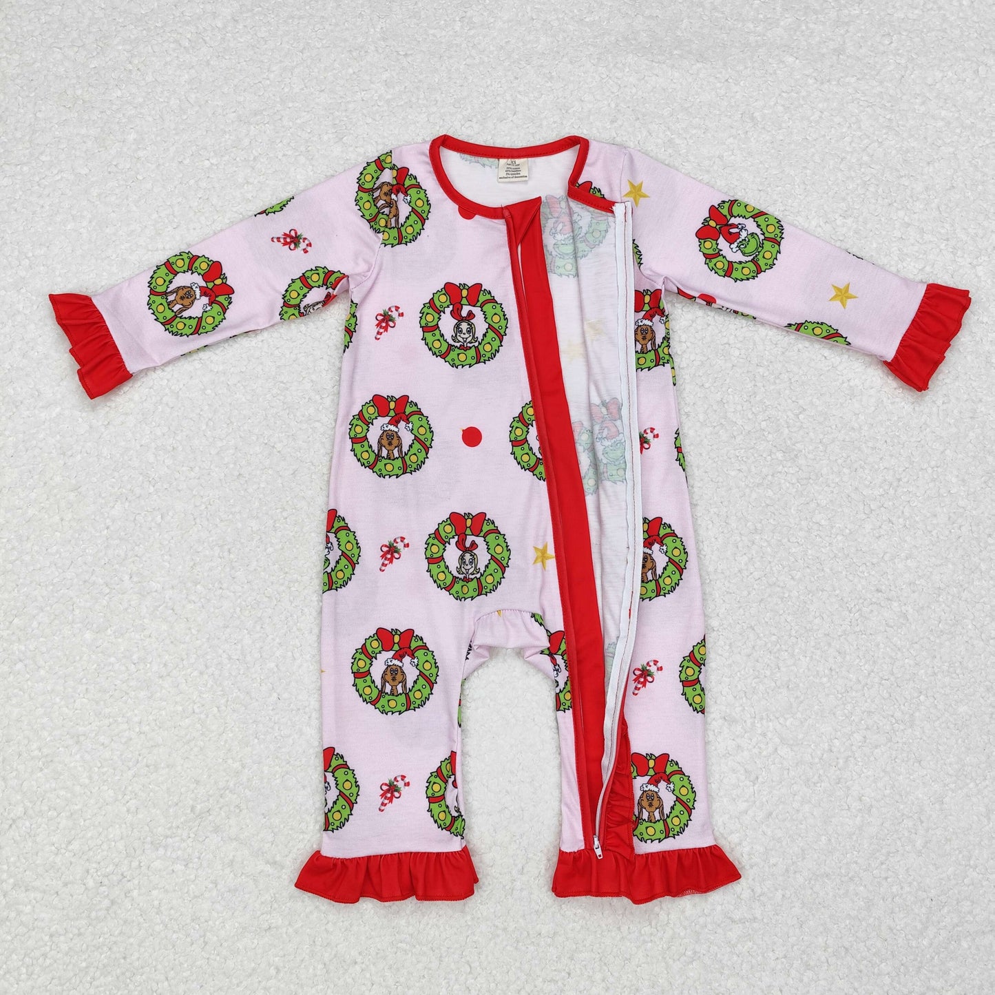 LR1664 Green Frog Holly Flowers Print Baby Girls Christmas Bamboo Sleeper Zipper Romper