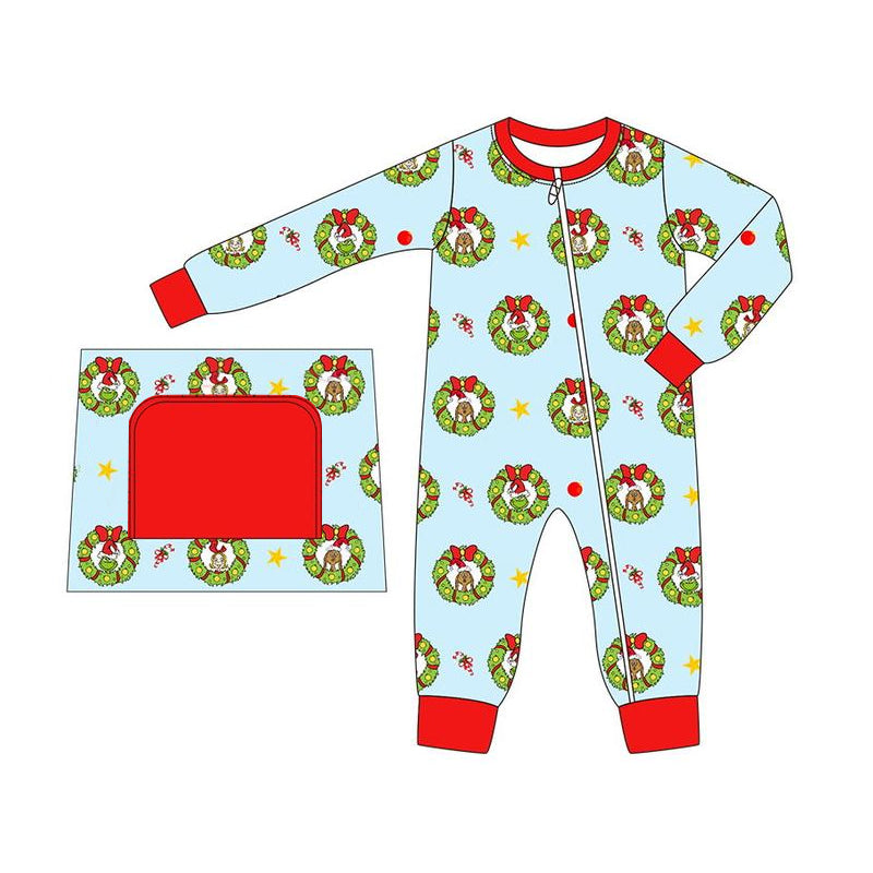 (Pre-order)LR1665 Green Frog Holly Print Baby Boys Christmas Sleeper Zipper Romper