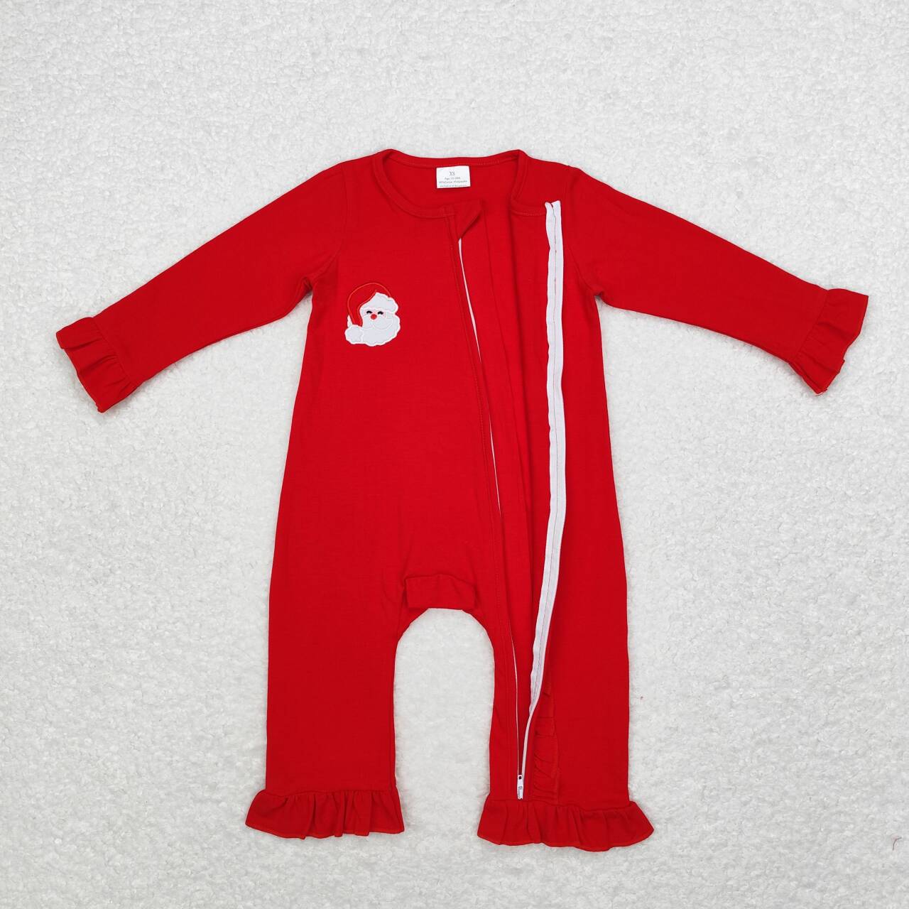 LR1668 Santa Embroidery Red Color Baby Girls Christmas Ruffle Sleeper Zipper Romper