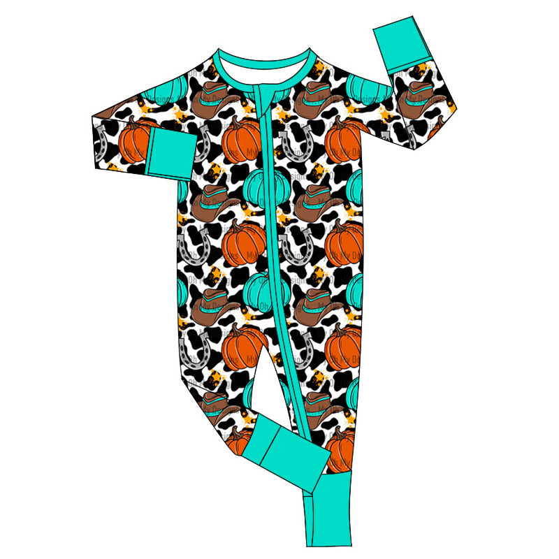 (Pre-order)LR1671 Pumpkin Western Print Baby Fall Sleeper Zipper Romper