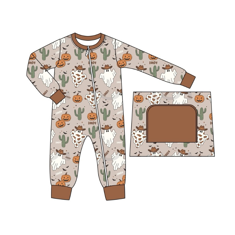 (Pre-order)LR1672 Pumpkin Ghost Western Print Baby Boys Halloween Sleeper Zipper Romper