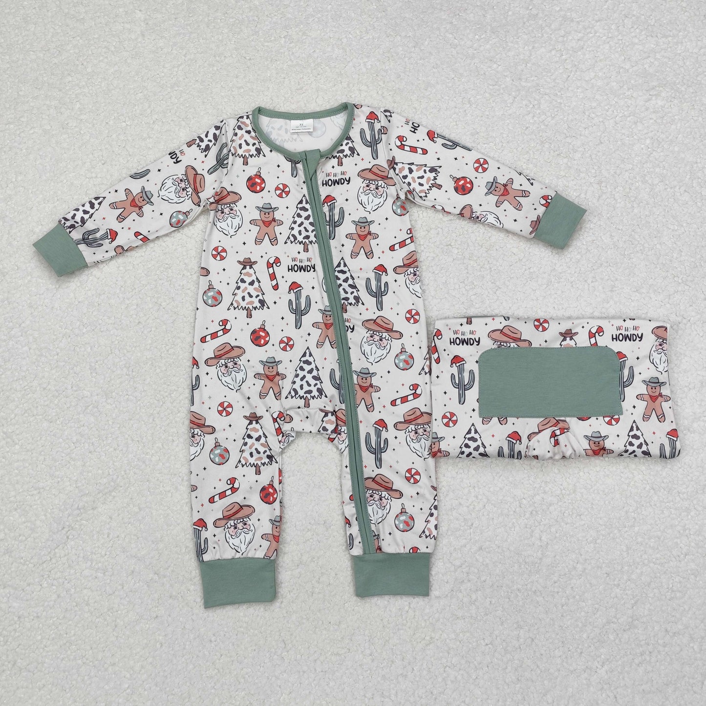 LR1674 Santa Western Print Baby Boys Christmas Sleeper Zipper Romper