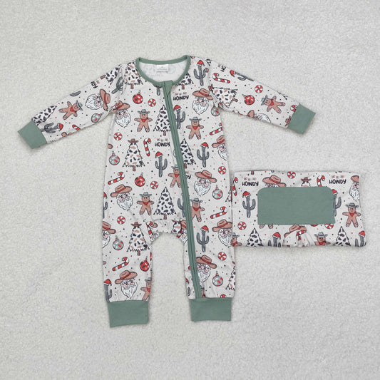 LR1674 Santa Western Print Baby Boys Christmas Sleeper Zipper Romper