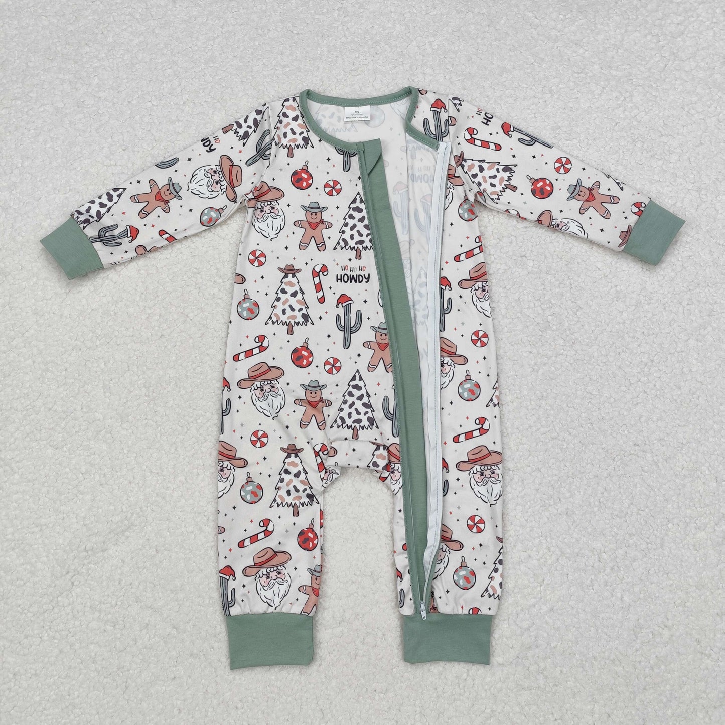 LR1674 Santa Western Print Baby Boys Christmas Sleeper Zipper Romper