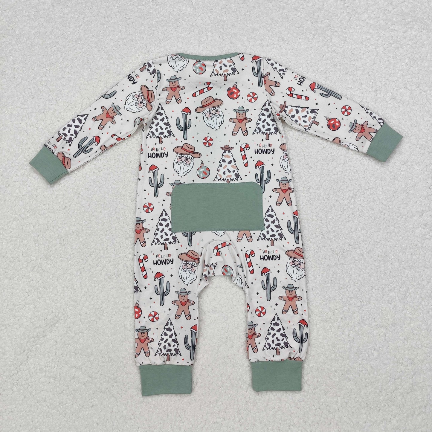 LR1674 Santa Western Print Baby Boys Christmas Sleeper Zipper Romper