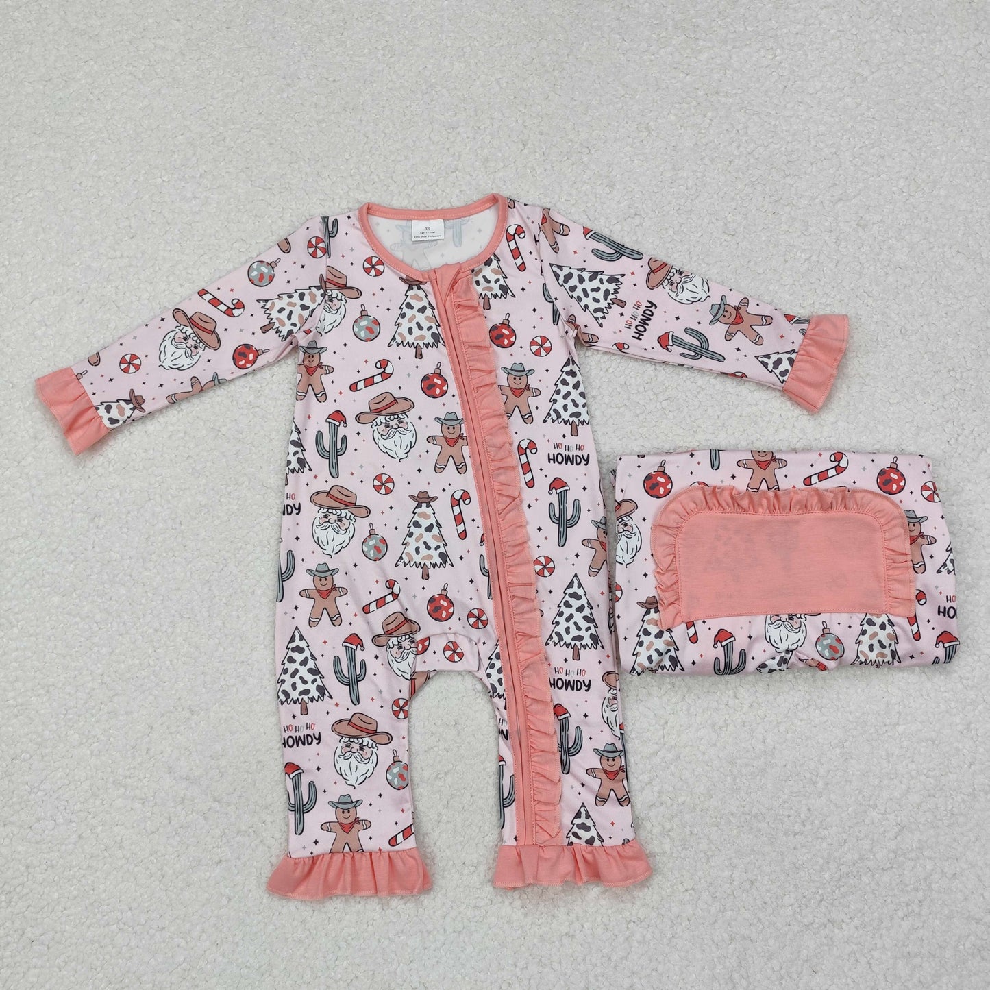 LR1675 Santa Western Print Baby Girls Christmas Sleeper Zipper Romper