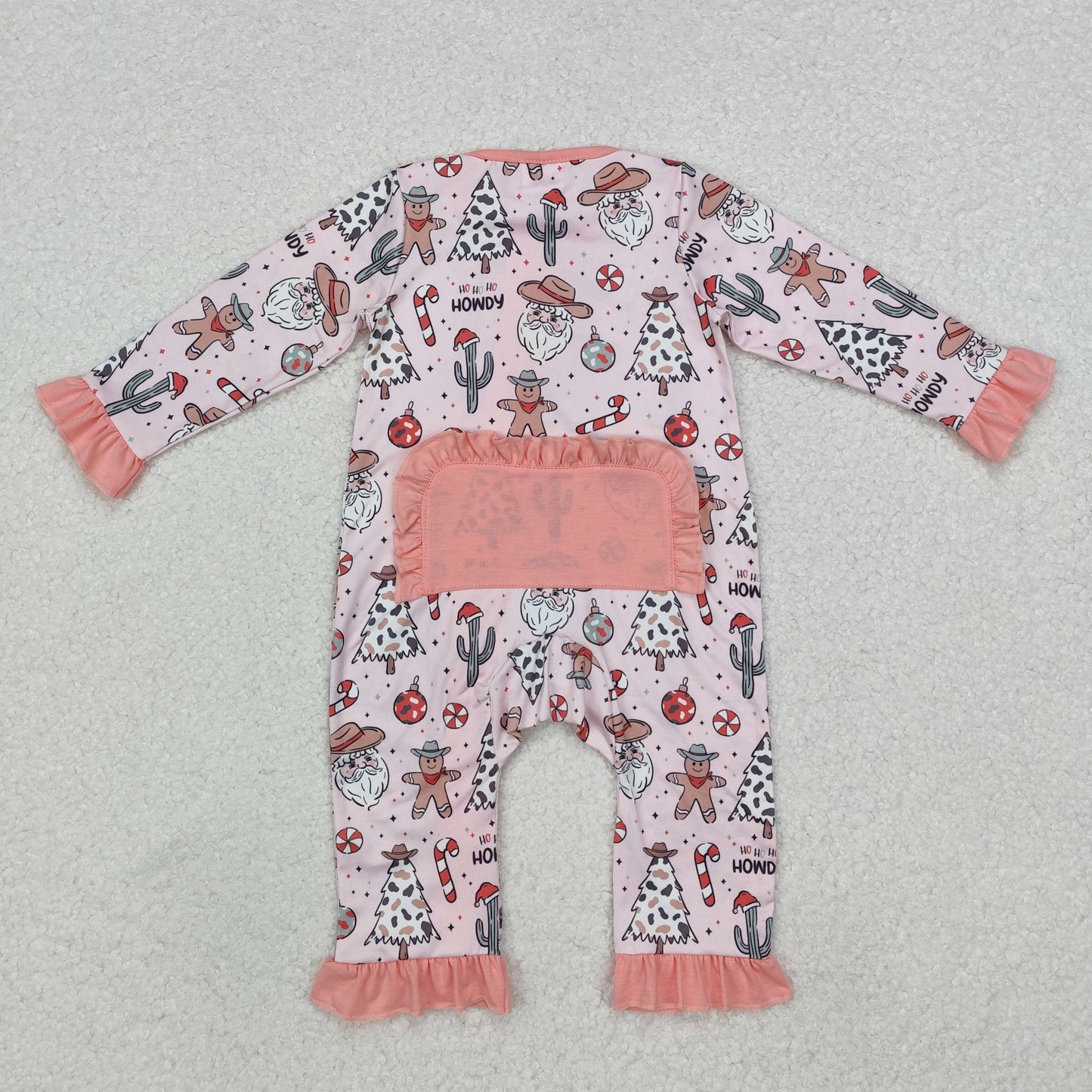 LR1675 Santa Western Print Baby Girls Christmas Sleeper Zipper Romper