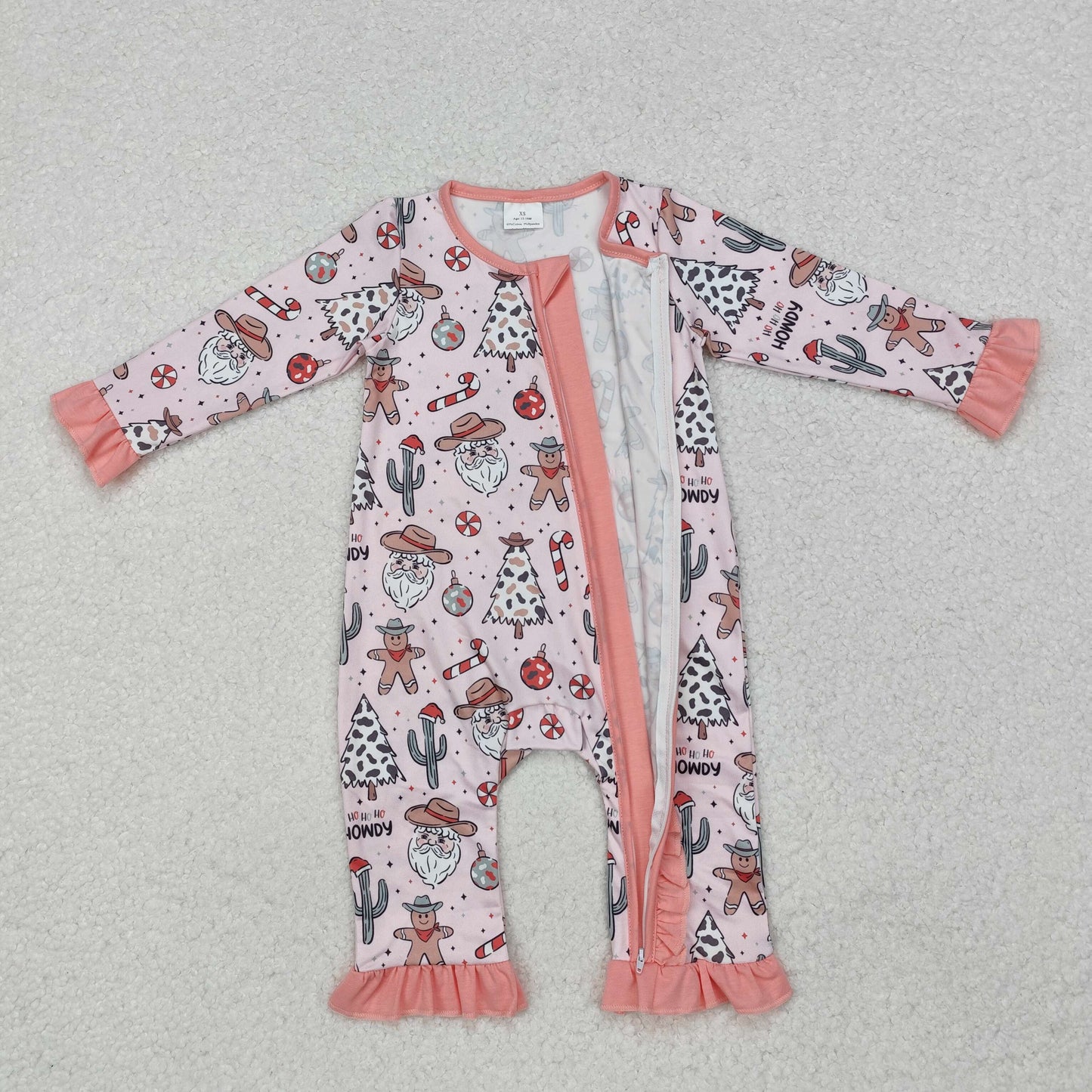 LR1675 Santa Western Print Baby Girls Christmas Sleeper Zipper Romper