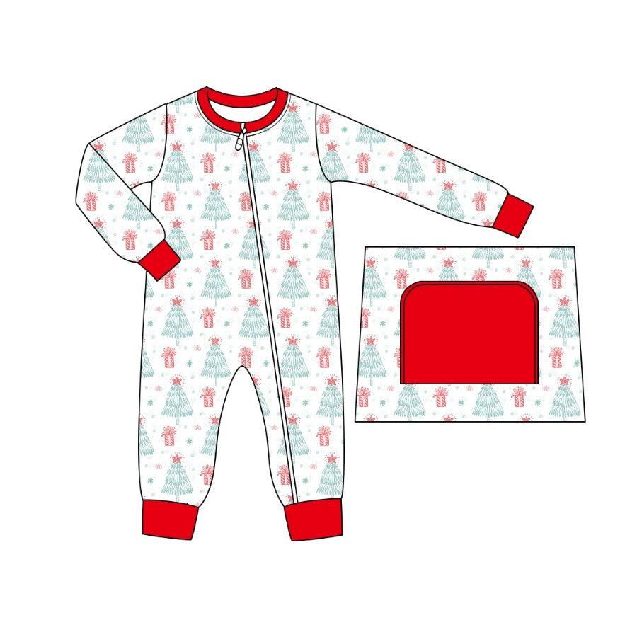 (Pre-order)LR1676 Tree Print Baby Boys Christmas Sleeper Zipper Romper