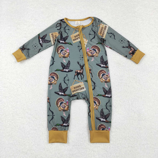 LR1680 Duck Turkey Deer GONE HUNTING Print Baby Boys Fall Bamboo Sleeper Zipper Romper