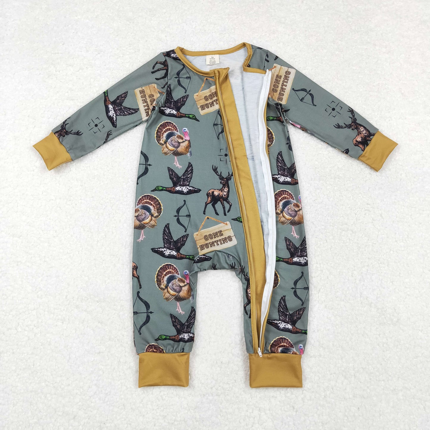 LR1680 Duck Turkey Deer GONE HUNTING Print Baby Boys Fall Bamboo Sleeper Zipper Romper