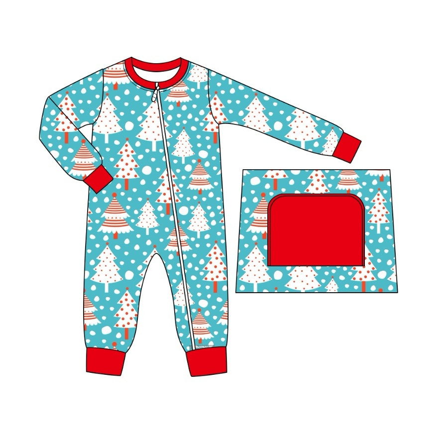 (Pre-order)LR1681 Tree Blue Print Baby Boys Christmas Sleeper Zipper Romper