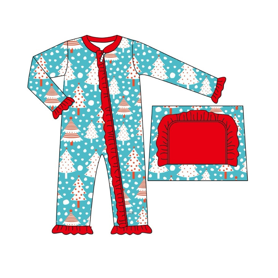 (Pre-order)LR1682 Tree Blue Print Baby Girls Christmas Sleeper Zipper Romper