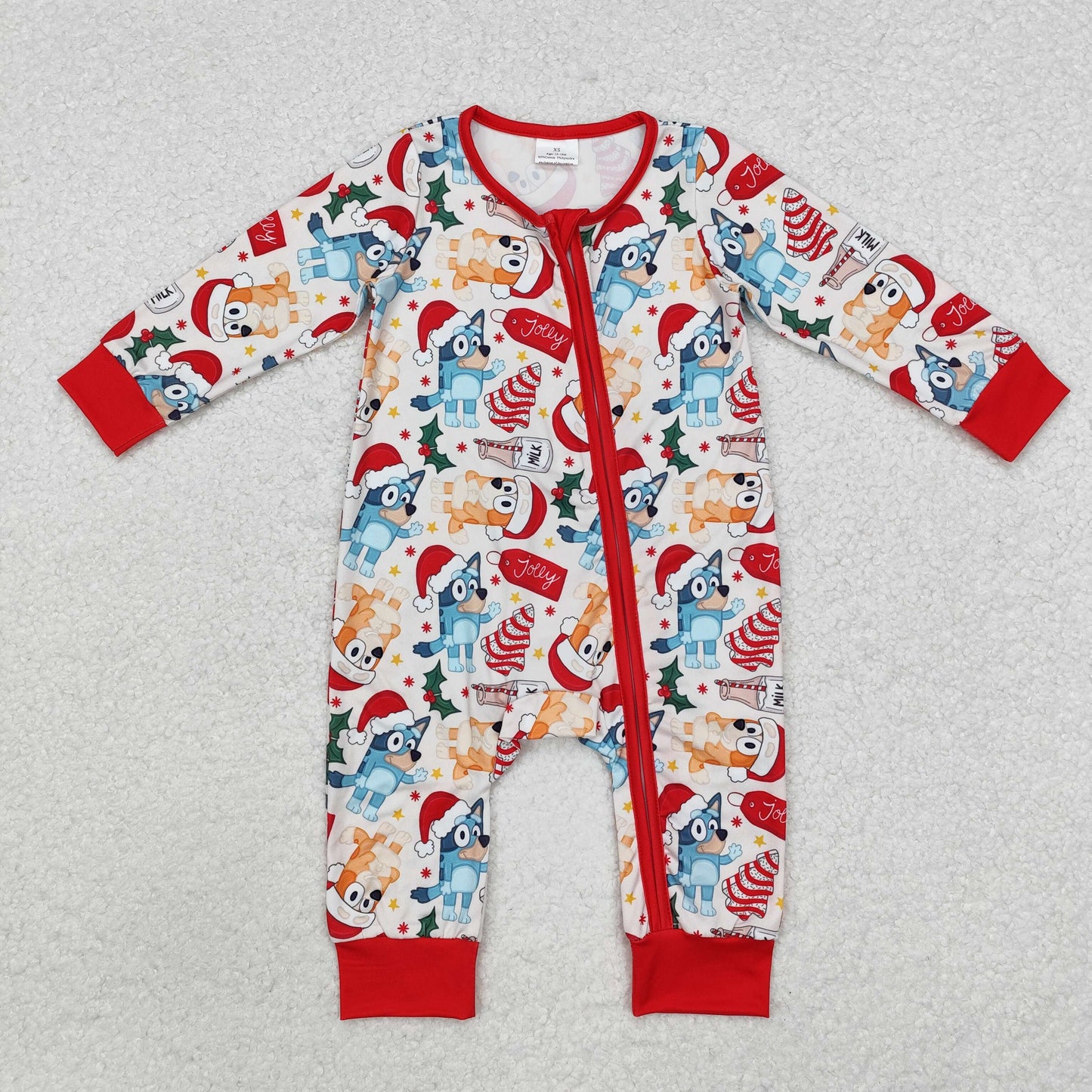 LR1684 Cartoon Dog Milk Holly Print Baby Boys Christmas Sleeper Zipper Romper